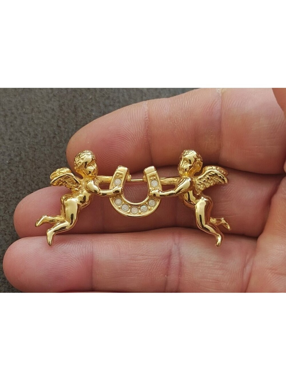 1980s Unsigned Kirks Folly Gold Tone Cherub & Lucky Horseshoe Brooch Pin.